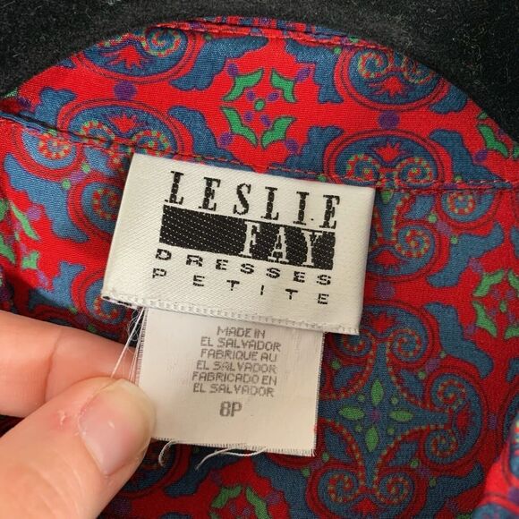 Leslie Fay Midi Dress Women's 8 Petite Red Blue Long Sleeve Collared Pleated - Picture 5 of 10